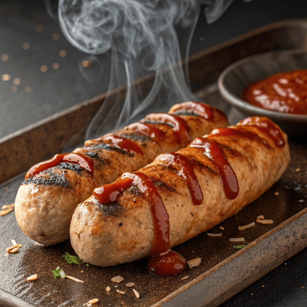 A sizzling hot sausage served on a grill with char marks