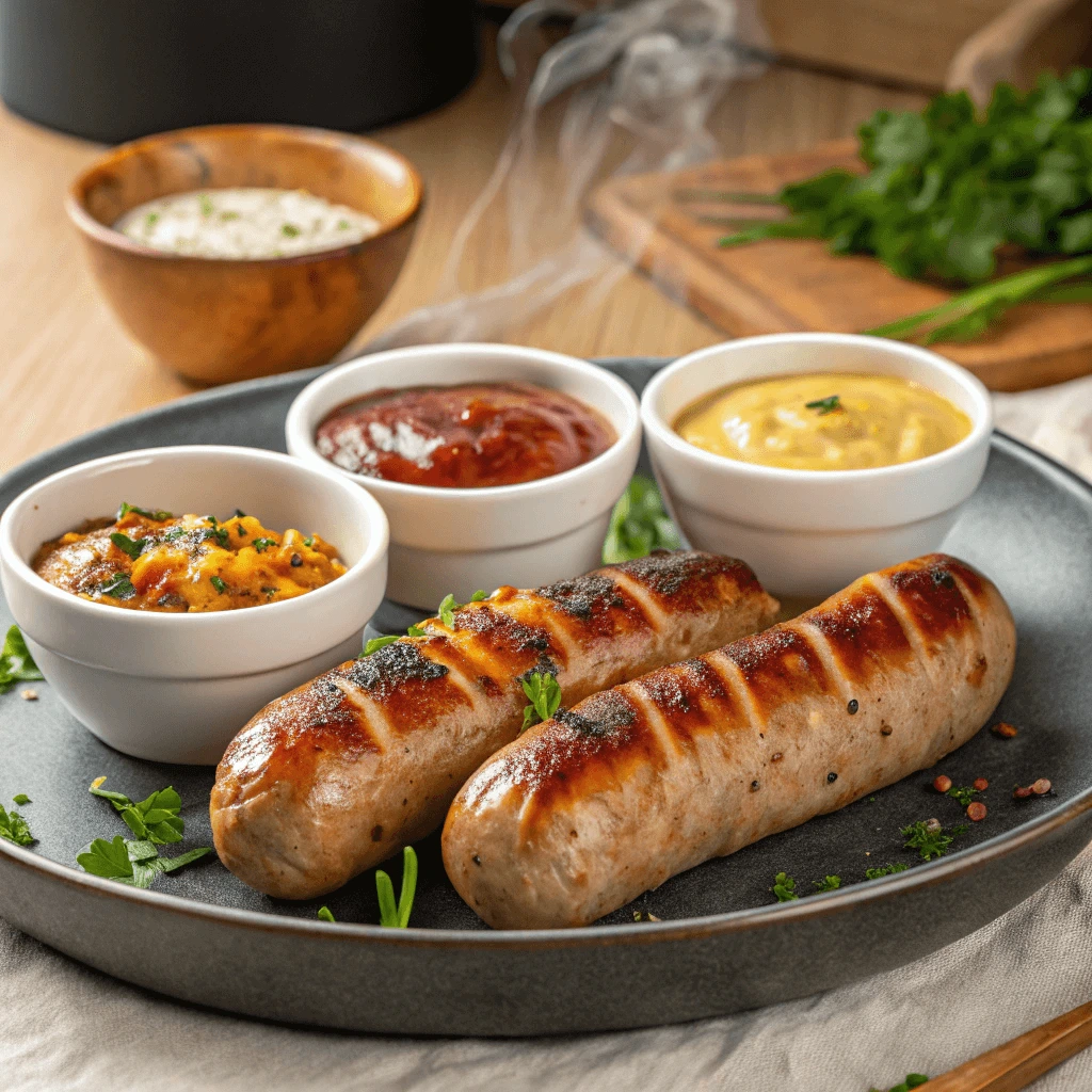 Plated hot sausage with a side of creamy mashed potatoes 