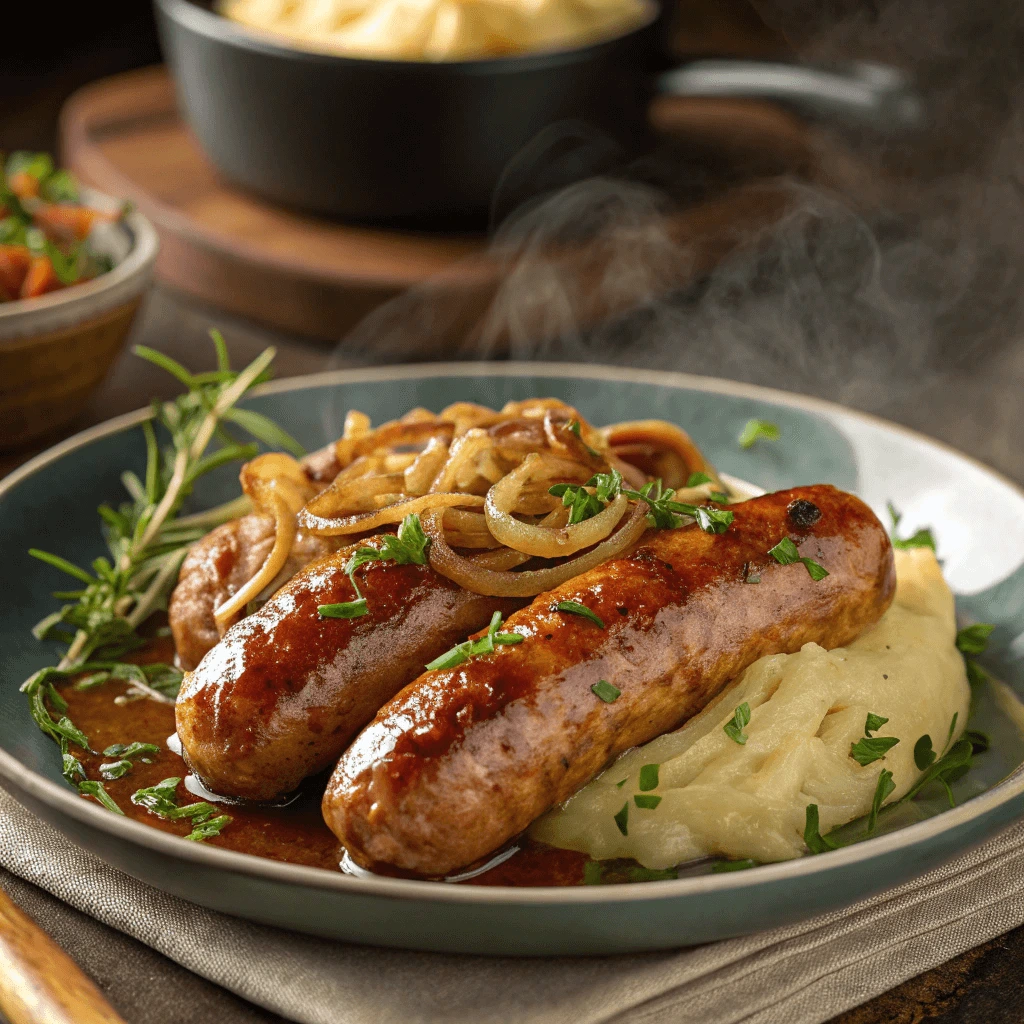 Caramelized sautéed onions paired with hot sausage for a flavorful combination.