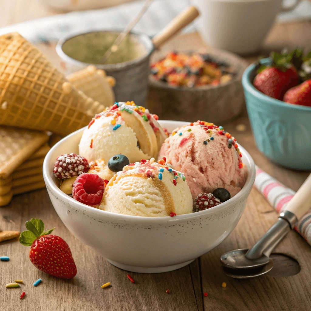 Homemade ice cream ingredients laid out on a kitchen counter