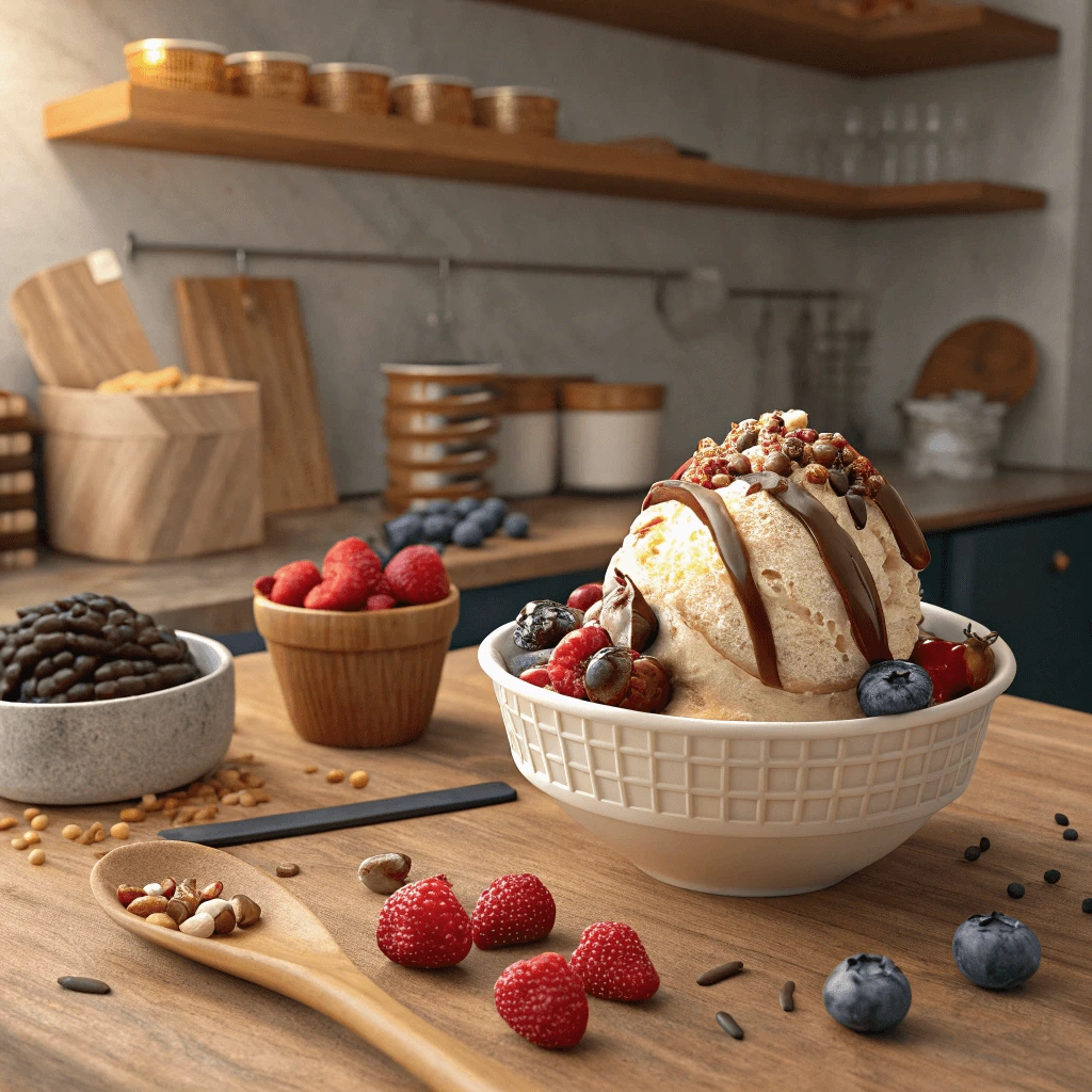 Homemade Journeyman ice cream served with fresh berries and a sprig of mint