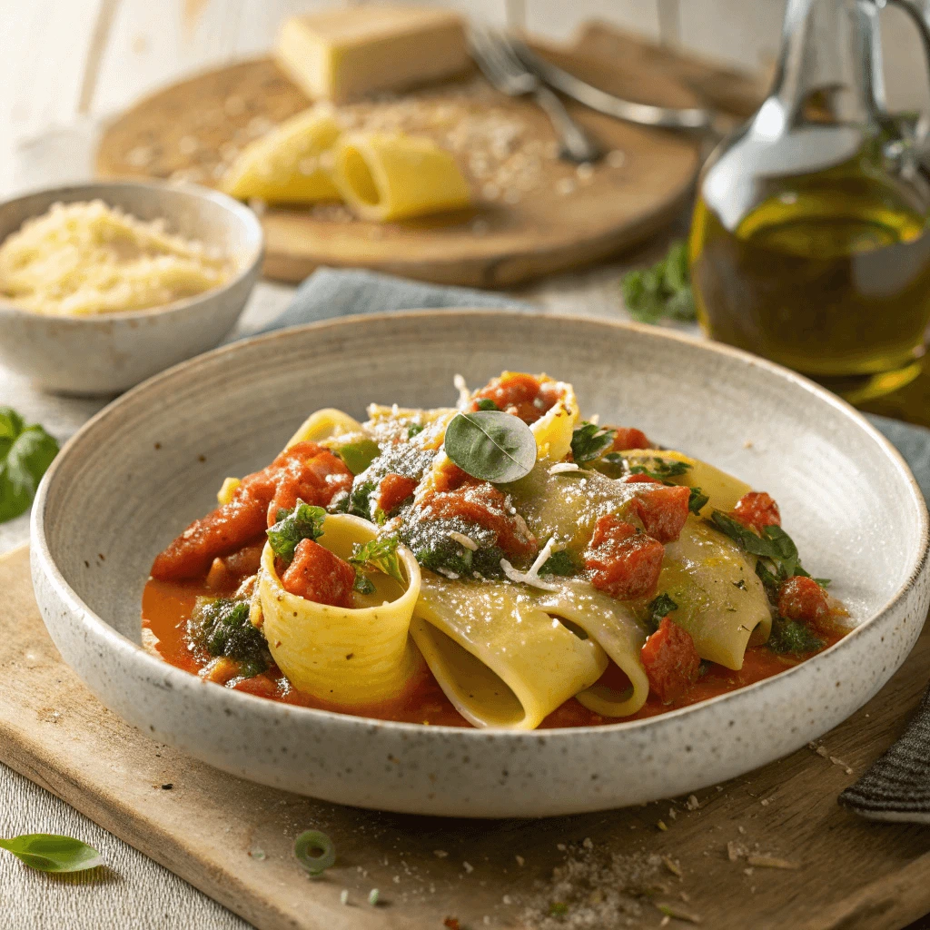 Cooked lumache pasta tossed with fresh basil and tomato sauce in a white bowl.