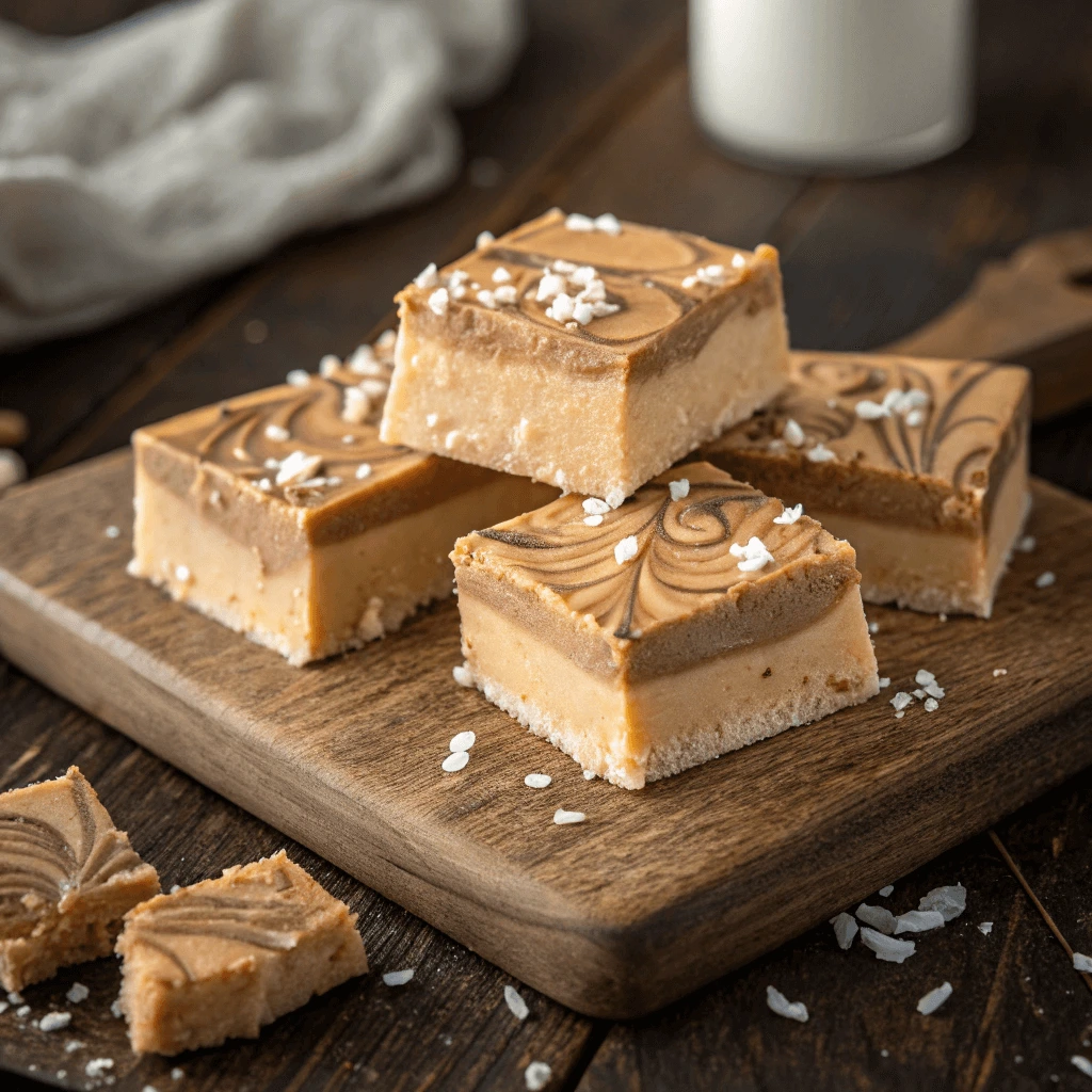 Creamy peanut butter fudge squares cut into pieces, ready to serve.