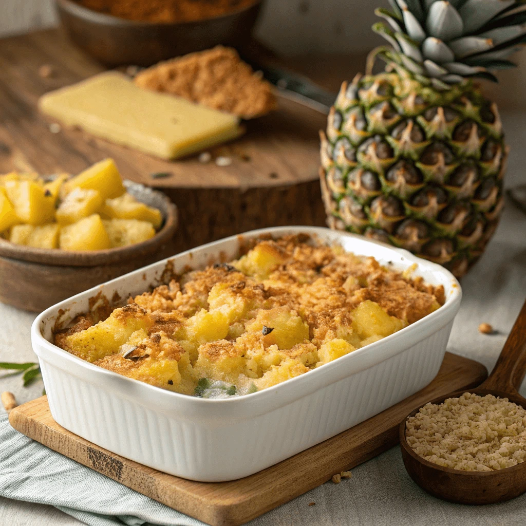 Assembling the pineapple casserole before baking