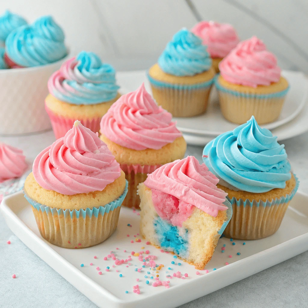 Pink and blue gender reveal cupcakes with surprise filling on a decorative table