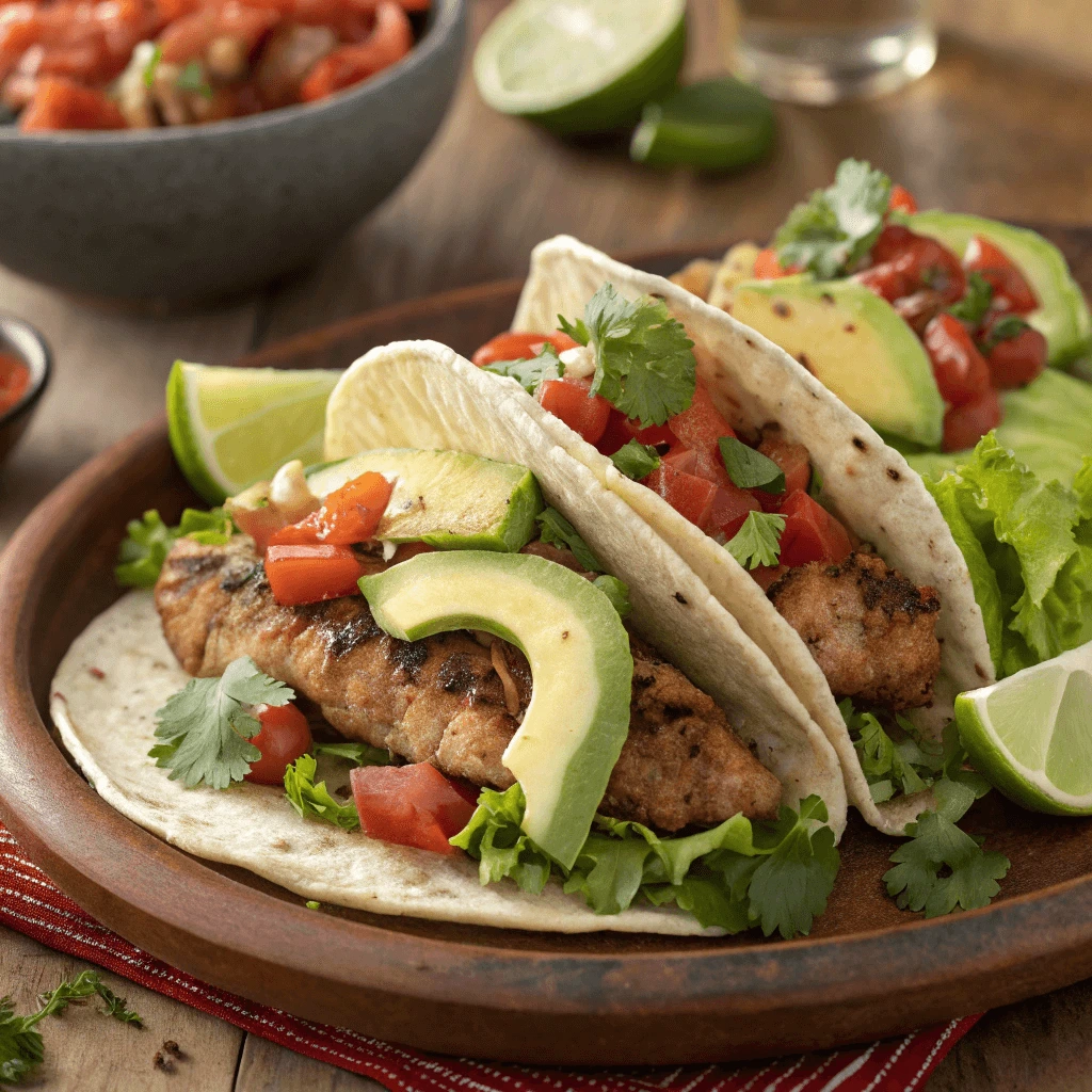 Close-up of colorful super tacos filled with seasoned meat, fresh vegetables, and melted cheese.
