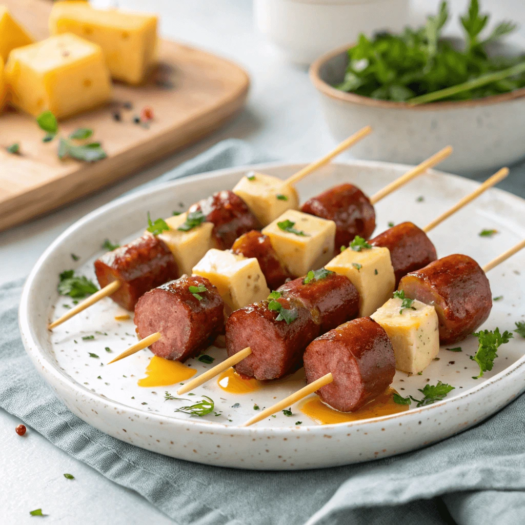 Sausage and Cheese Skewers - Savory sausage and melted cheese on skewers for a delicious appetizer