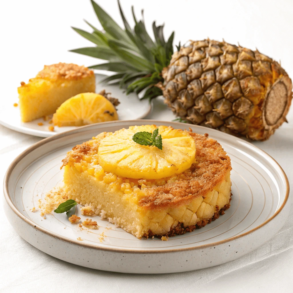 Sliced pineapple casserole served on a plate