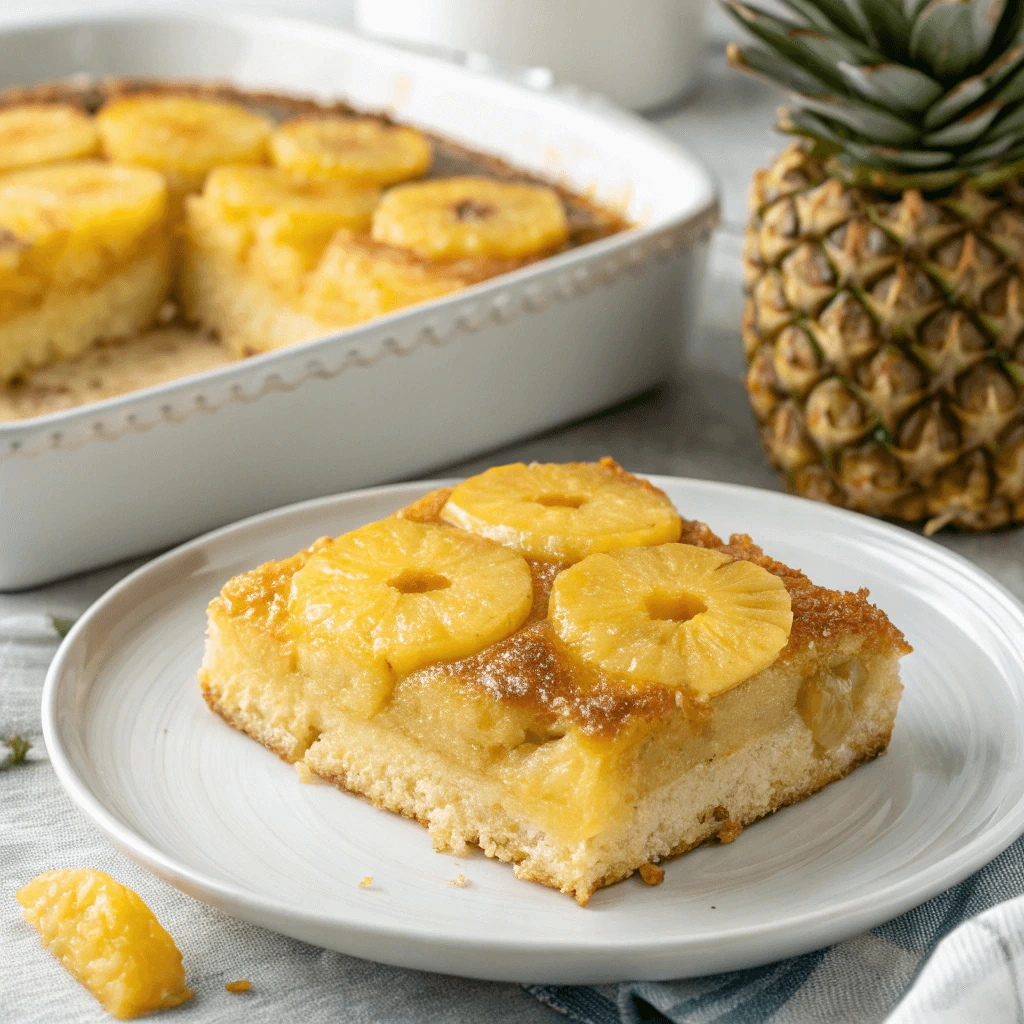 Sliced serving of pineapple casserole on a plate