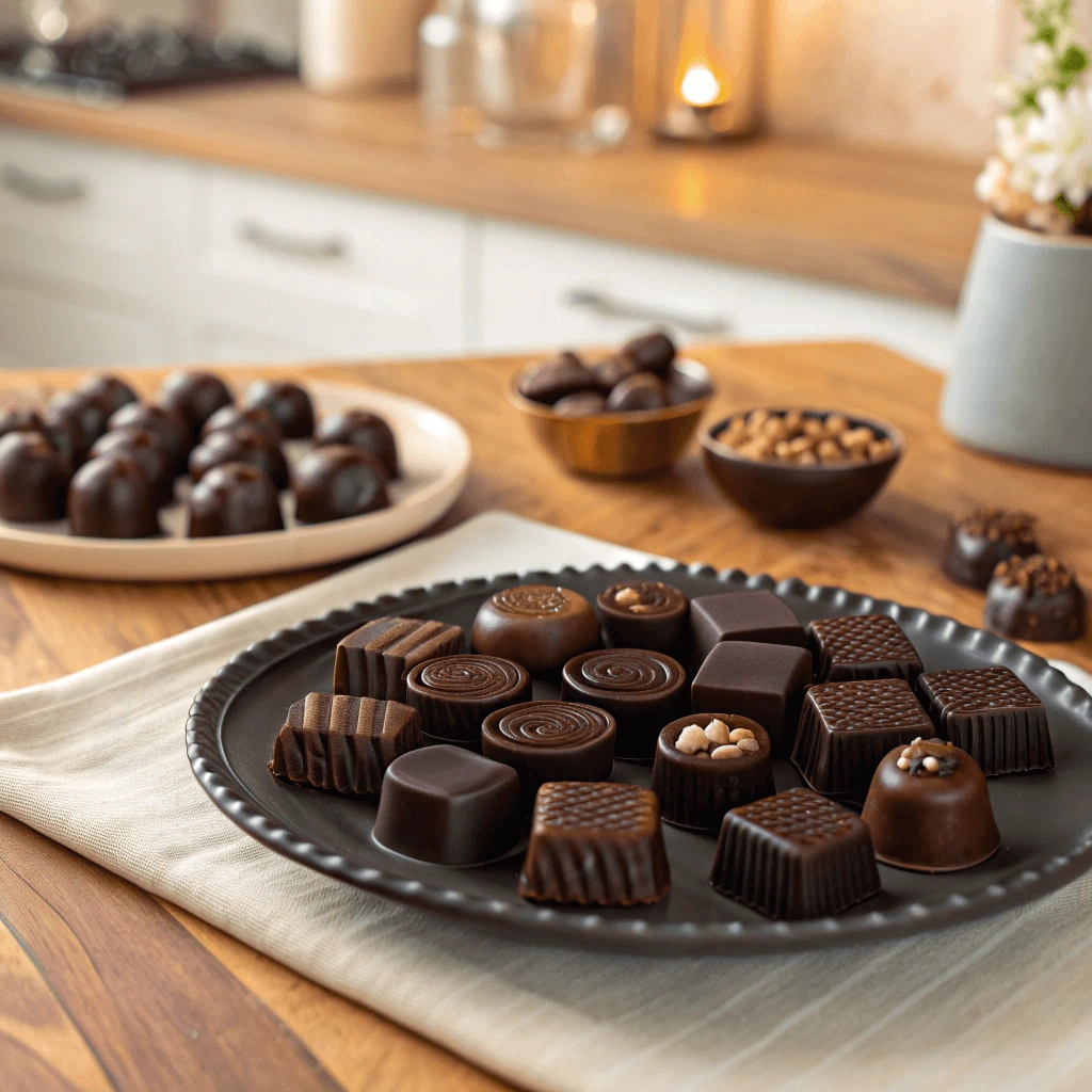 Melted sugar-free chocolate being poured into molds on a wooden countertop.