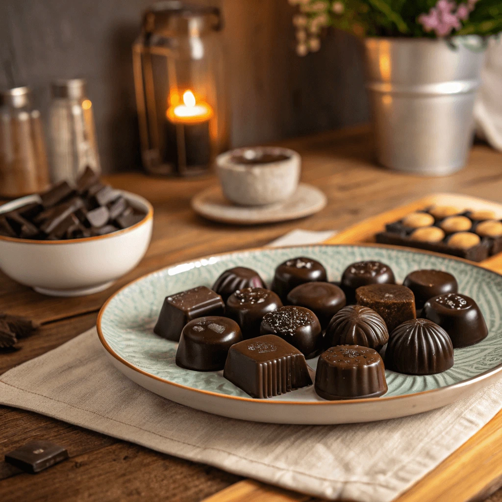 A stack of homemade sugar-free chocolate bars with a glossy finish.