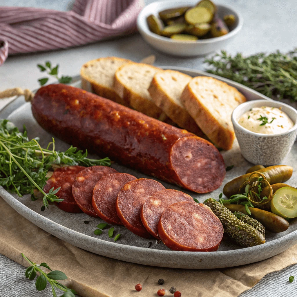 Delicious summer sausages, paired with crisp crackers, olives, and savory cheeses on a rustic wooden board