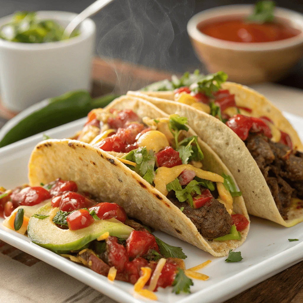  A variety of super tacos featuring different fillings, such as beef, chicken, and vegetables, topped with fresh ingredients.