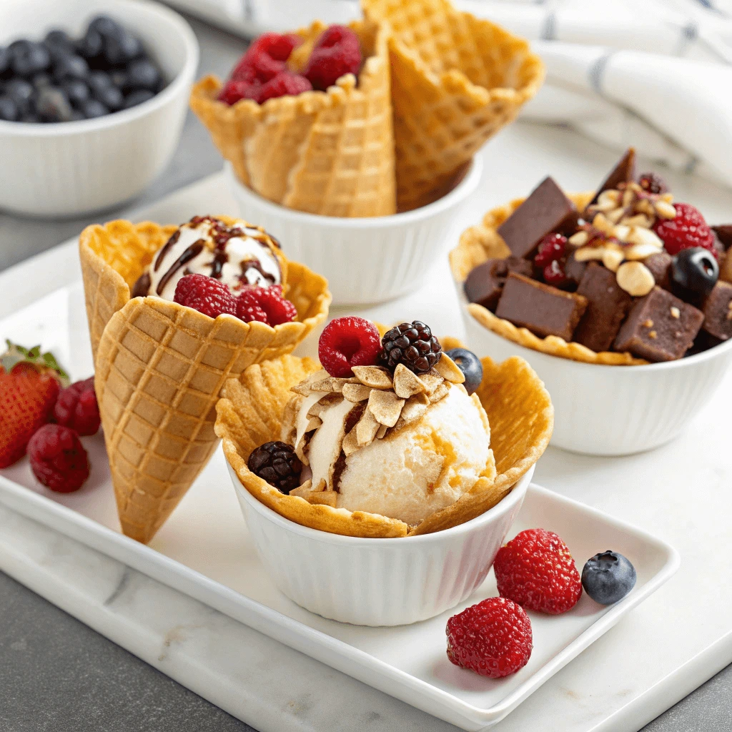 Homemade waffle cones and bowls filled with ice cream and topped with caramel sauce