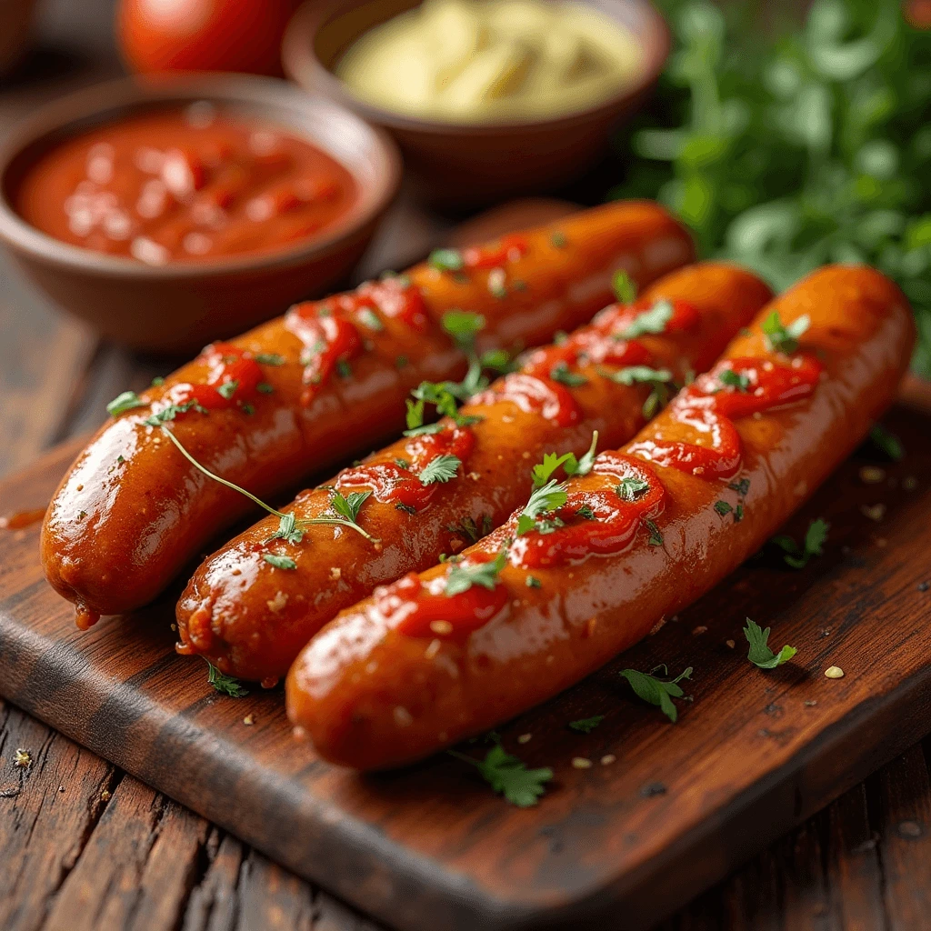 A delicious spread of hot sausage paired with a variety of sides and sauces