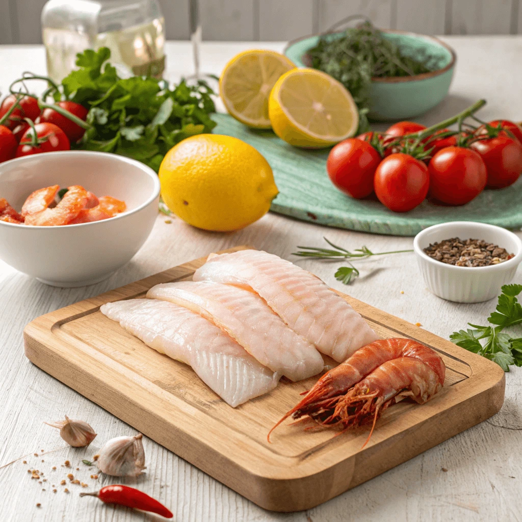 DIY fish food recipes featuring shrimp and spirulina pellets arranged on a table for carnivorous and herbivorous fish.