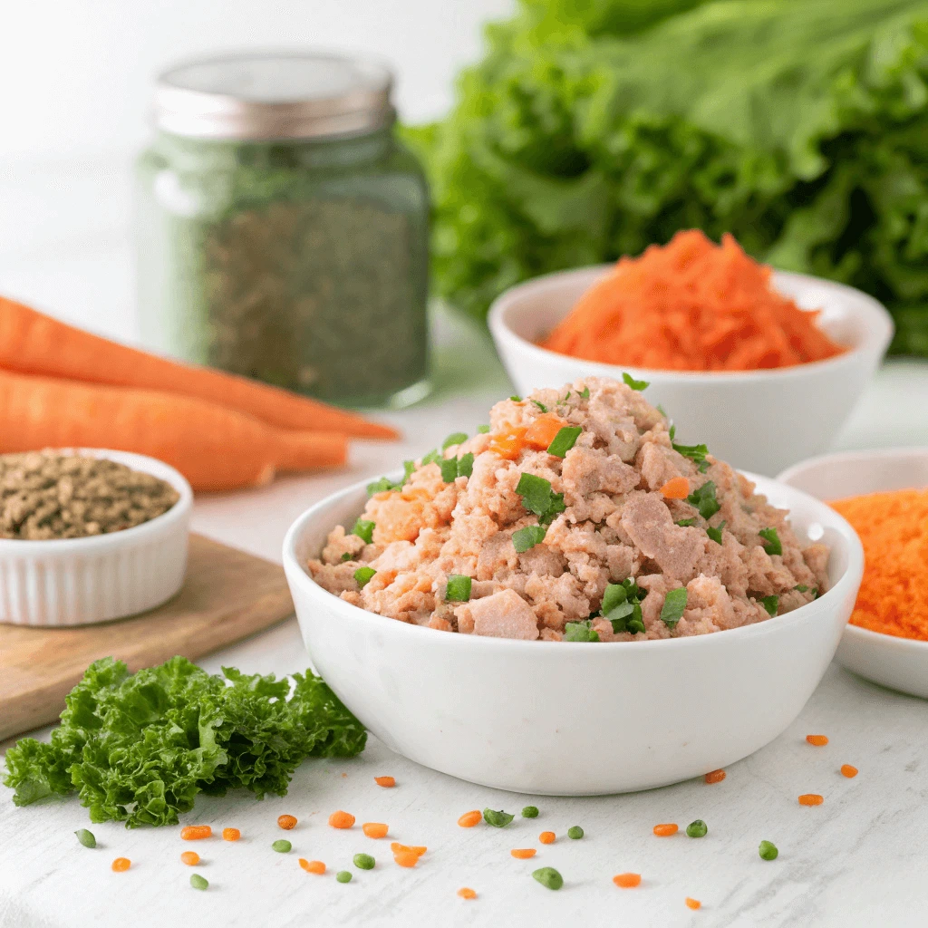 DIY floating flake alternative for fish made from tuna, carrots, and lettuce on a clean surface.