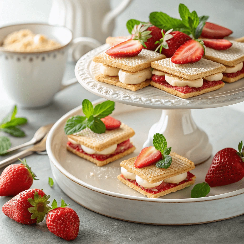 Elegant platter of wafer cookie desserts topped with strawberries and mint.