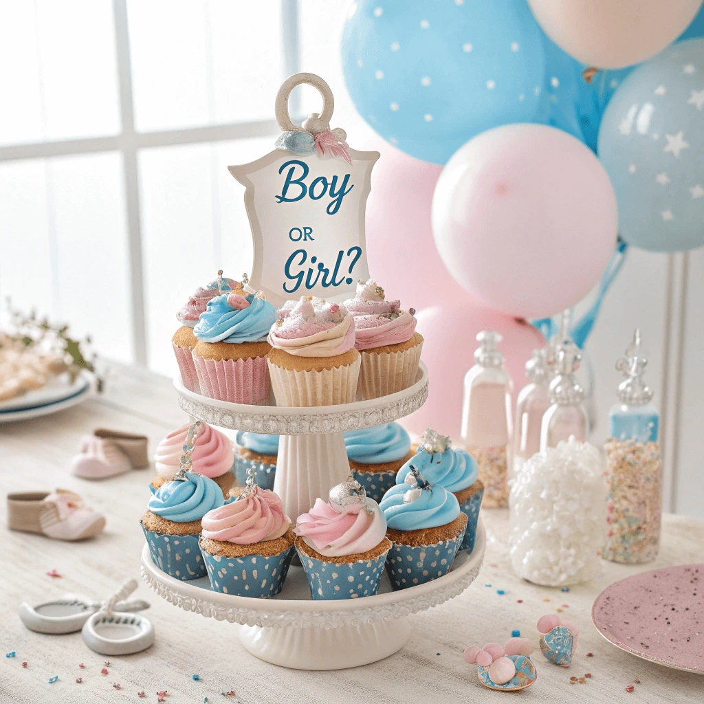 Cupcake tower for a gender reveal party