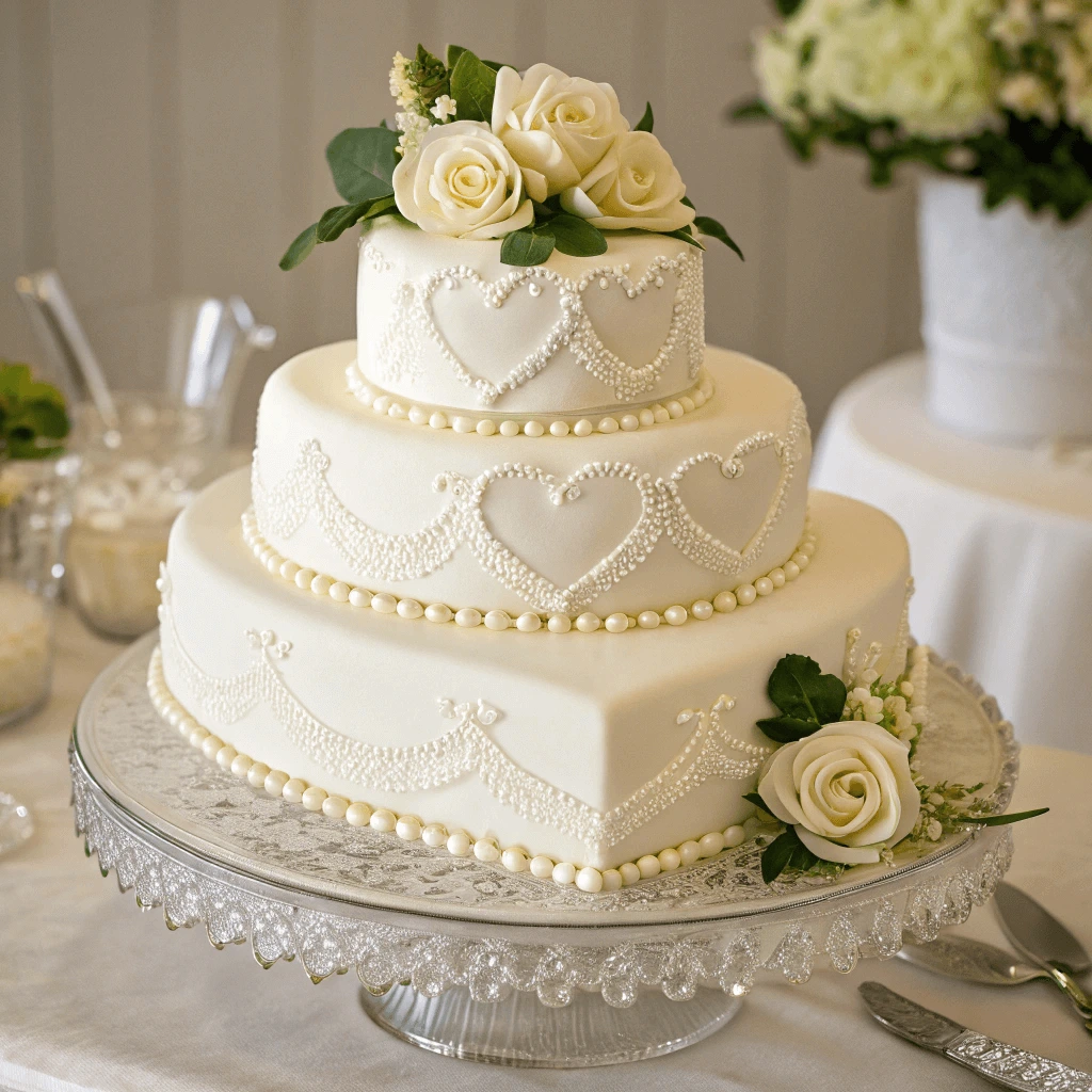 Elegant heart-shaped wedding cake with intricate piping.