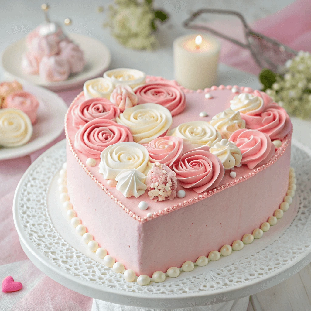 Pink heart cake with piped buttercream rosettes and edible pearls
