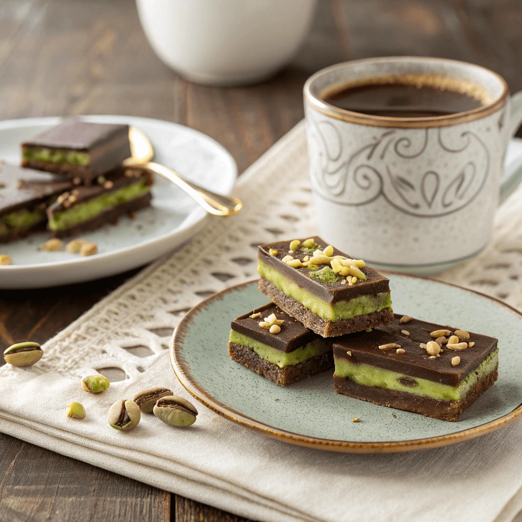 A person enjoying a bite of a pistachio chocolate bar with a steaming cup of coffee on the side.