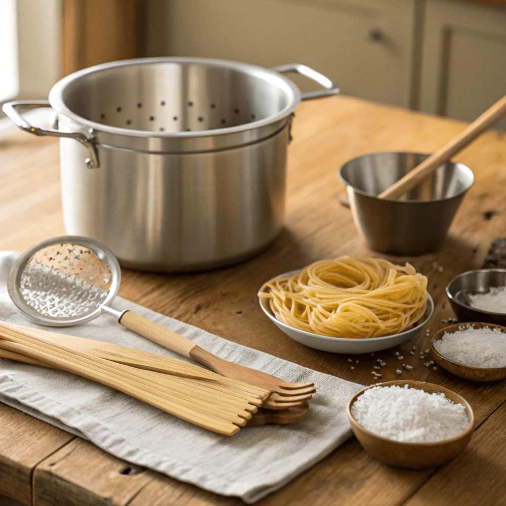 A kitchen setup showing a pasta pot, strainer, and Mafaldine pasta.