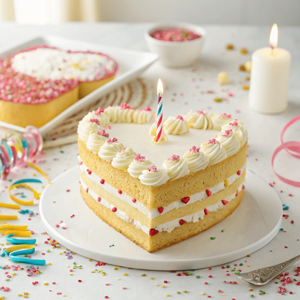 Heart-shaped vanilla cake on a party table surrounded by balloons