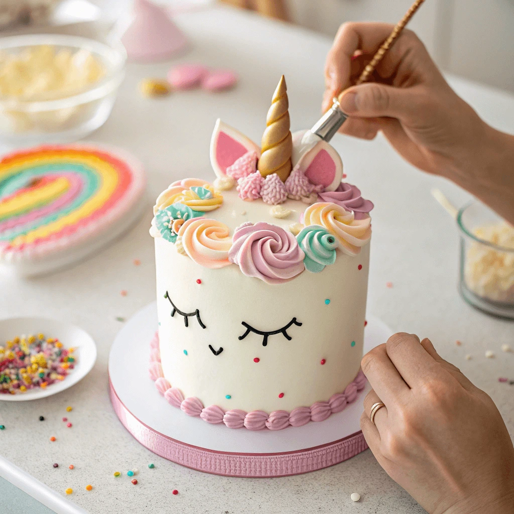 Final decorative touches for a DIY unicorn cake.
