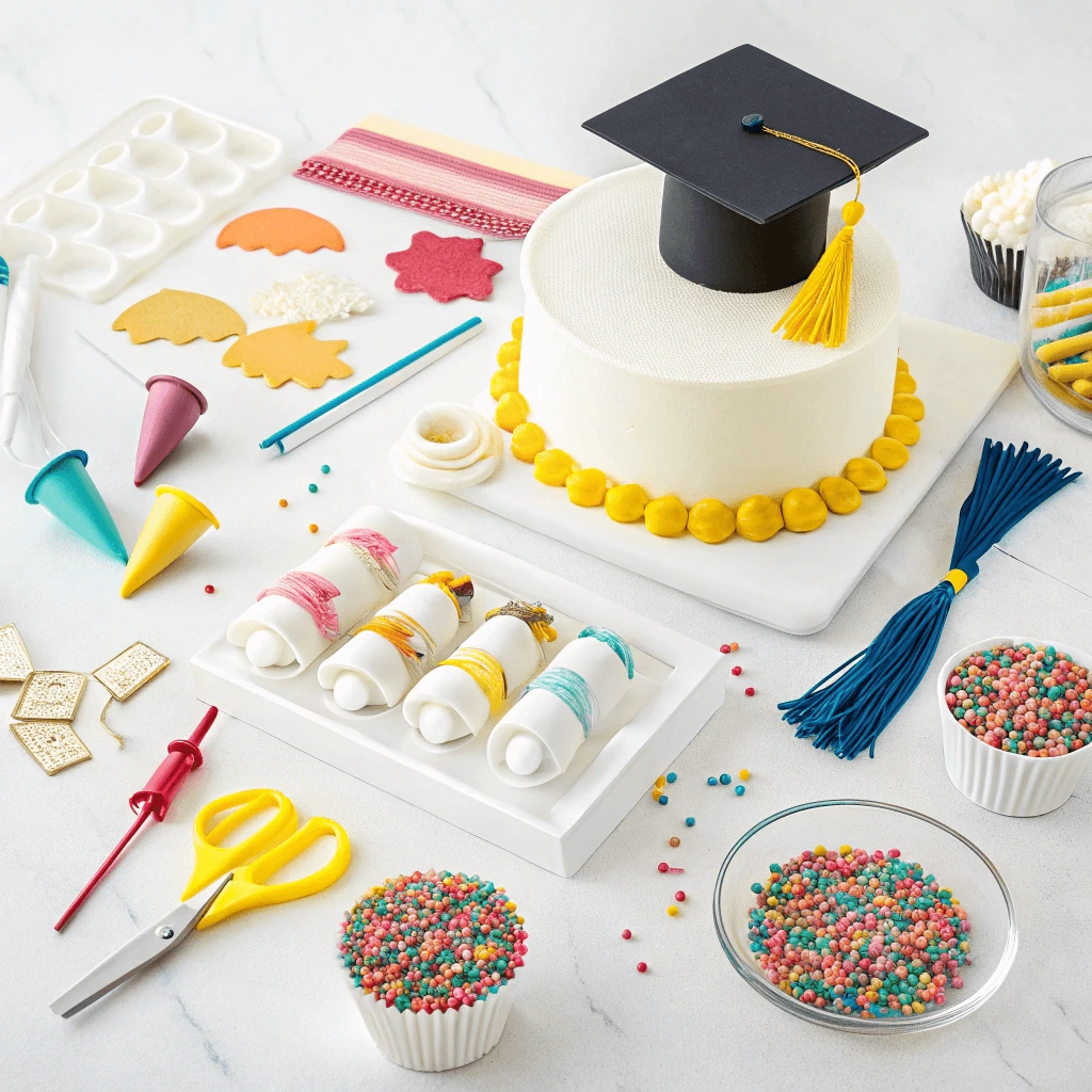 Dollar store baking tools and cake toppers for budget graduation cakes on a budget