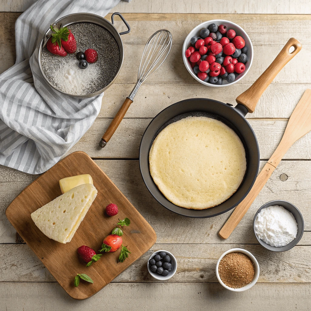 Home kitchen setup with a crepe pan, batter bowl, and utensils.