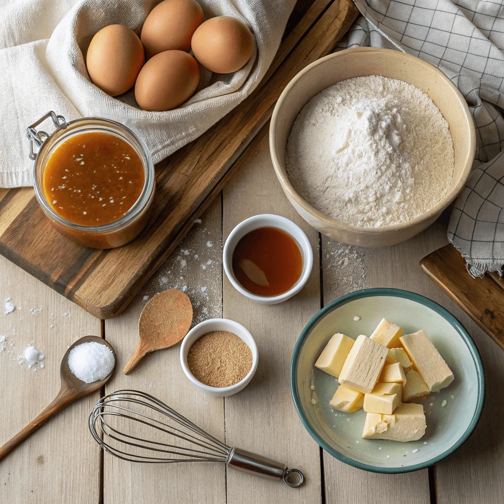 Ingredients laid out for making caramel salt pancakes and waffles, including flour, eggs, and caramel sauce.