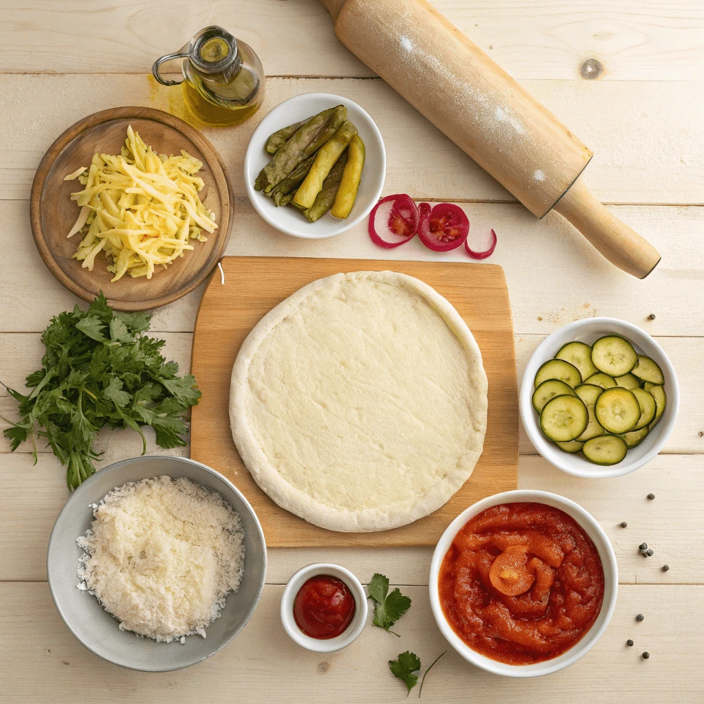 Step-by-step ingredients laid out for Making Pickle Pie Pizza at Home