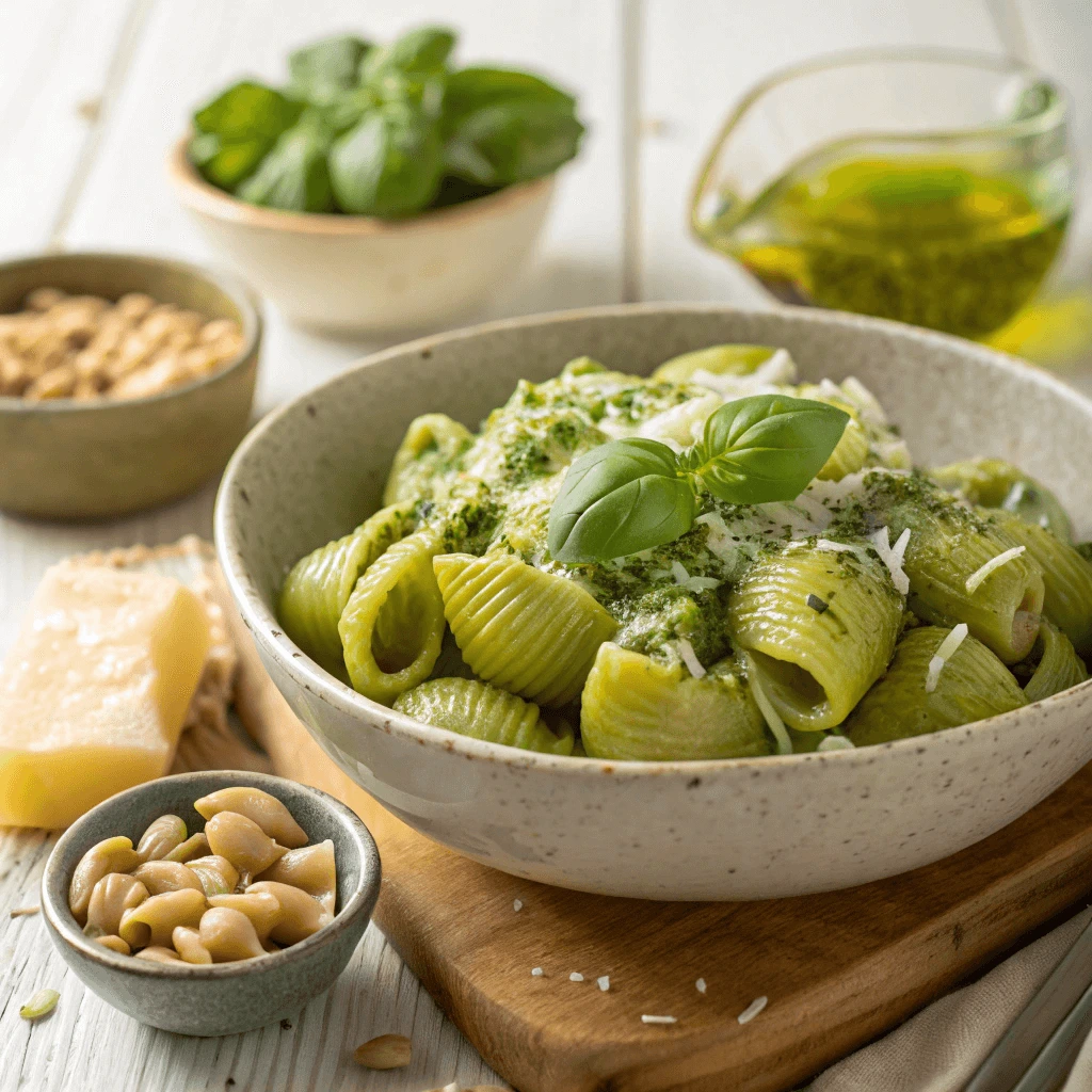 Fresh basil pesto over lumache pasta with grated Parmesan on top.