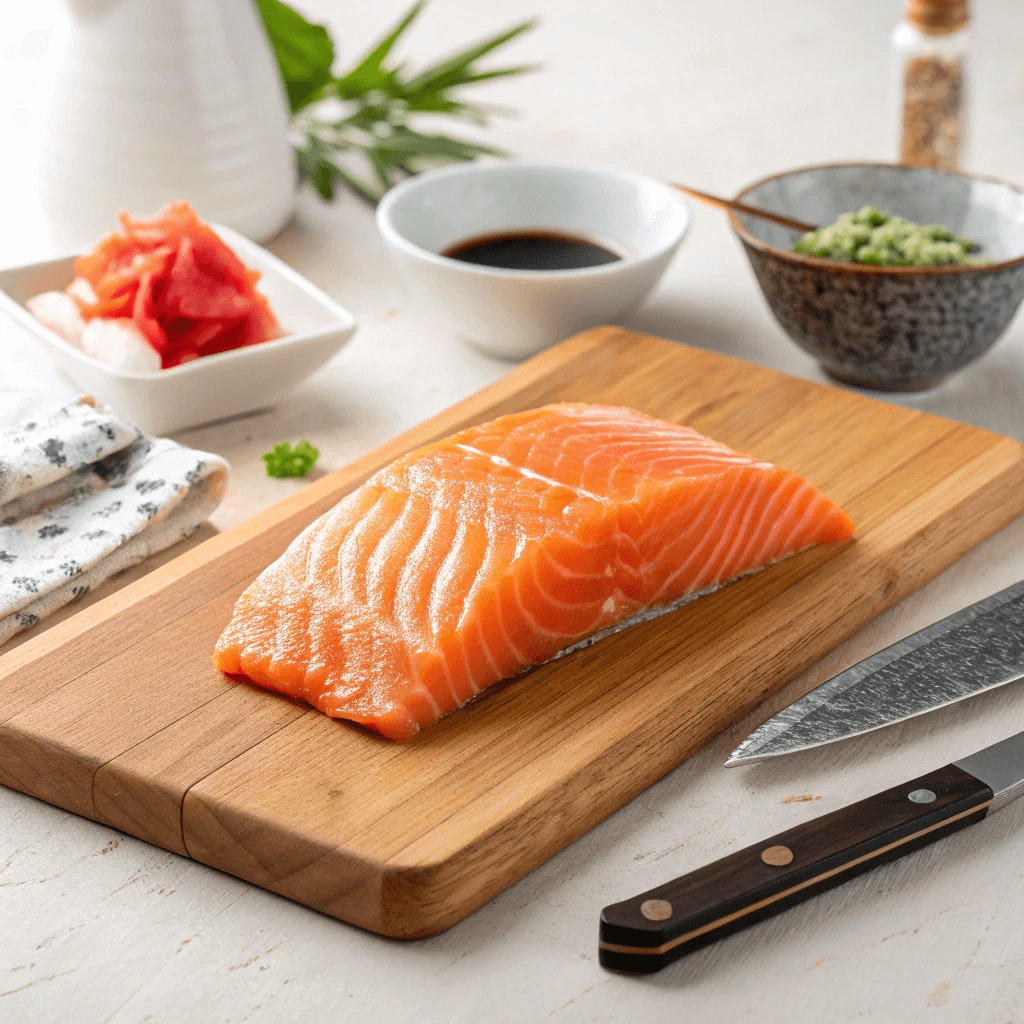 A fishmonger displaying sushi-grade salmon with vibrant color and firm texture.