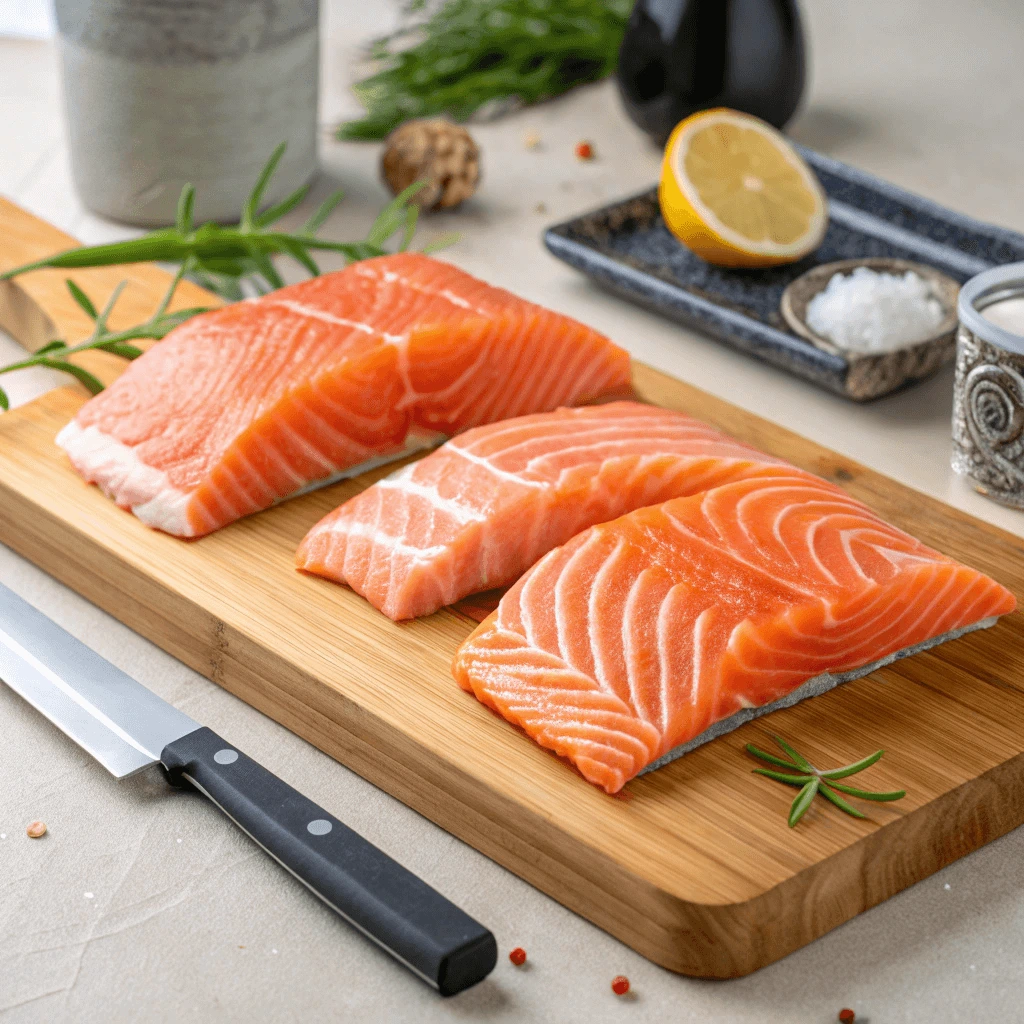 Fresh sushi-grade salmon fillets on a cutting board ready to be prepared.