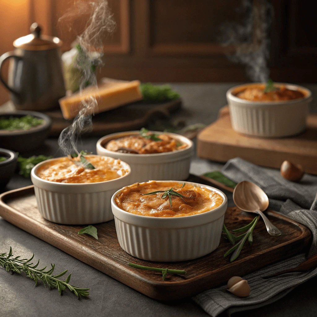 Ramekins of crab brulee fresh out of the oven, ready to be served.