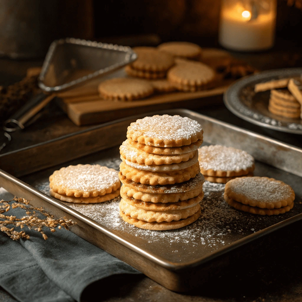 A baking tray with freshly baked wafer cookies recipes stacked on top of each other.