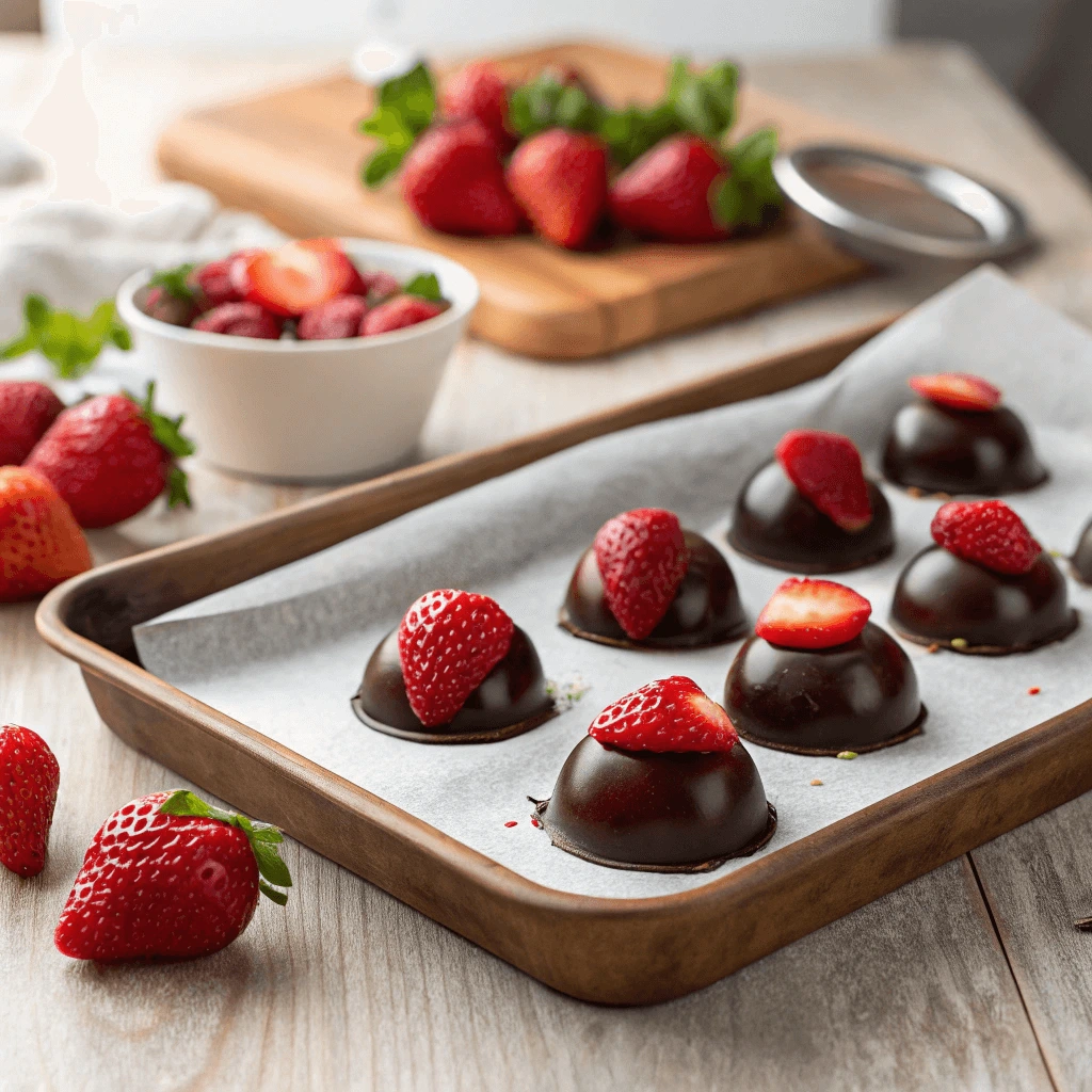 Homemade strawberry bon bons cooling on a tray