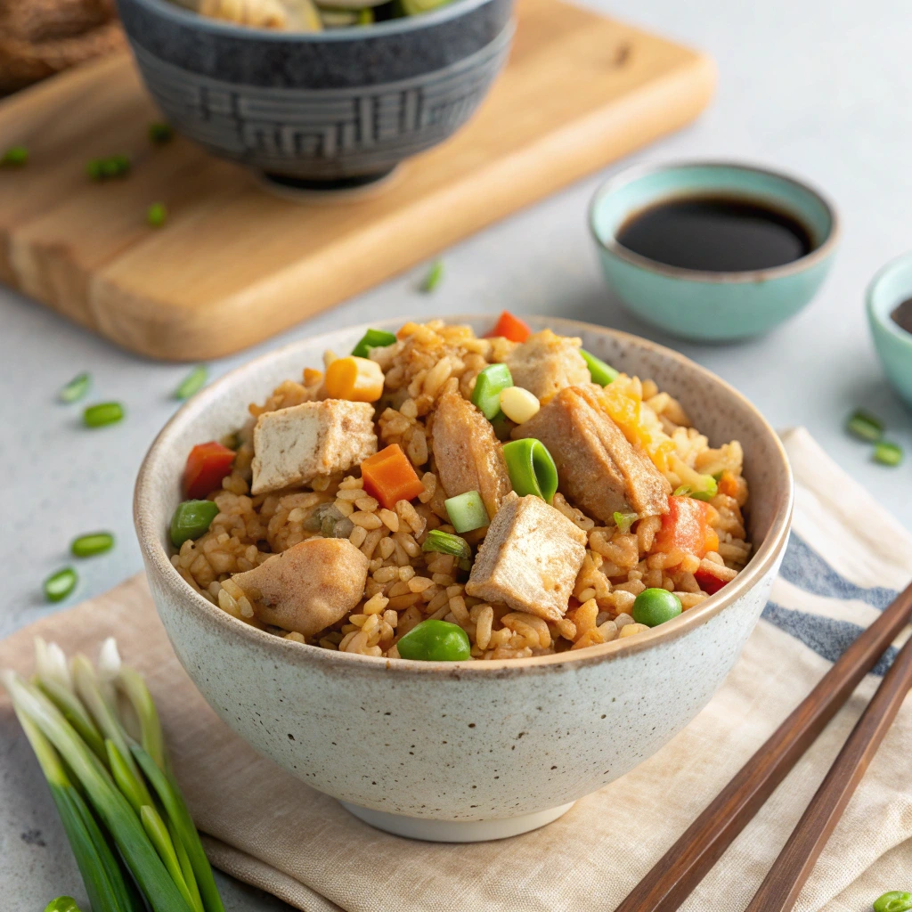 A bowl of fried rice hack with tofu, vegetables, and green onions, served on a beige napkin with chopsticks nearby. Small bowls of soy sauce are in the background.