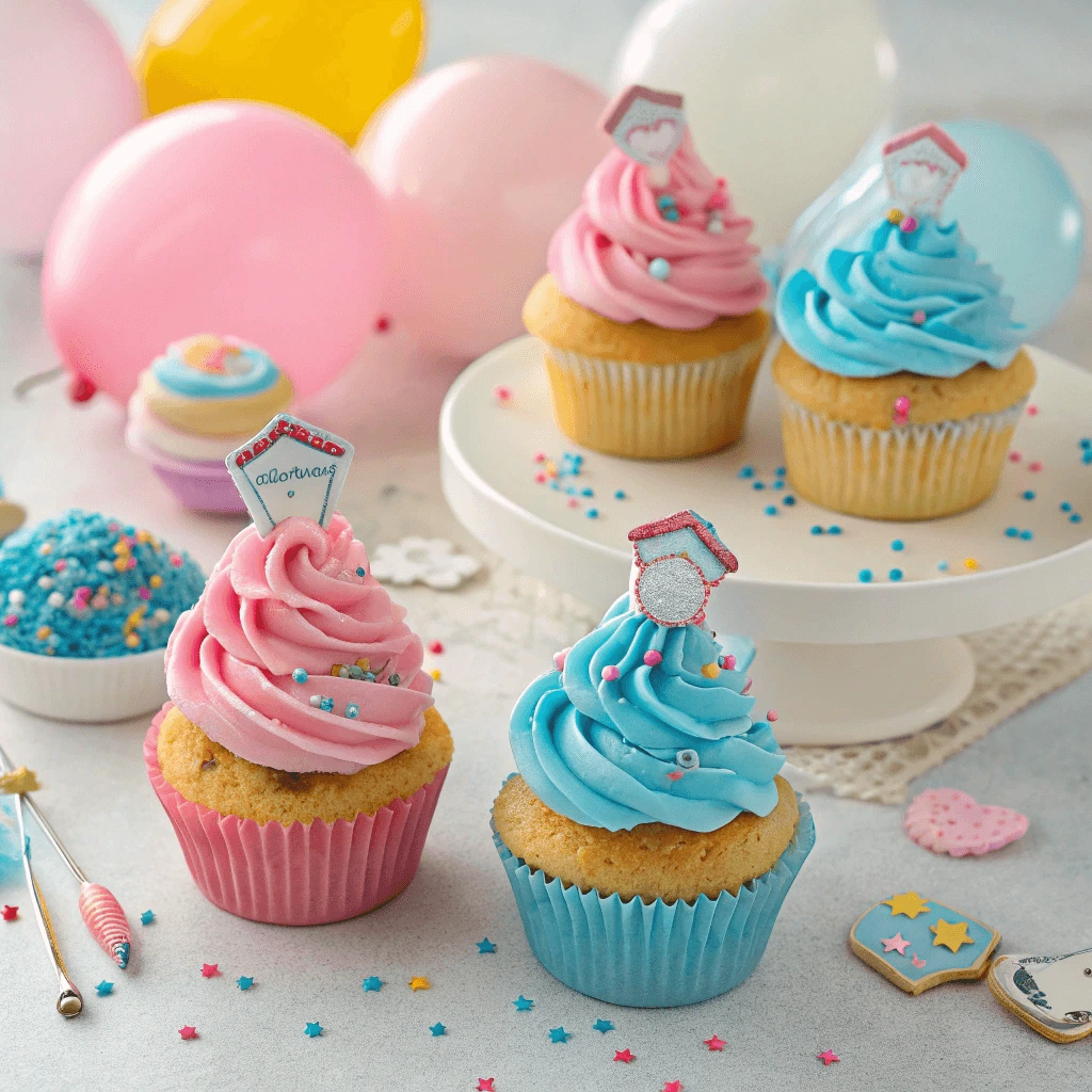 Pink and blue cupcakes decorated for a gender reveal
