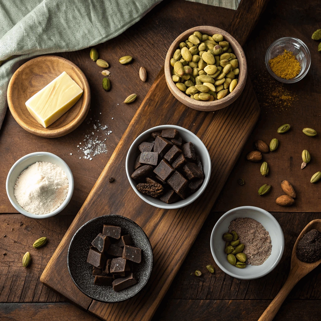 Step-by-step ingredients for homemade pistachio chocolate bars laid out on a kitchen counter