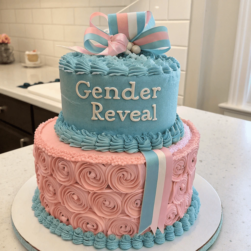 A beautifully decorated gender reveal cake with a hidden pink or blue filling, symbolizing the upcoming baby’s gender