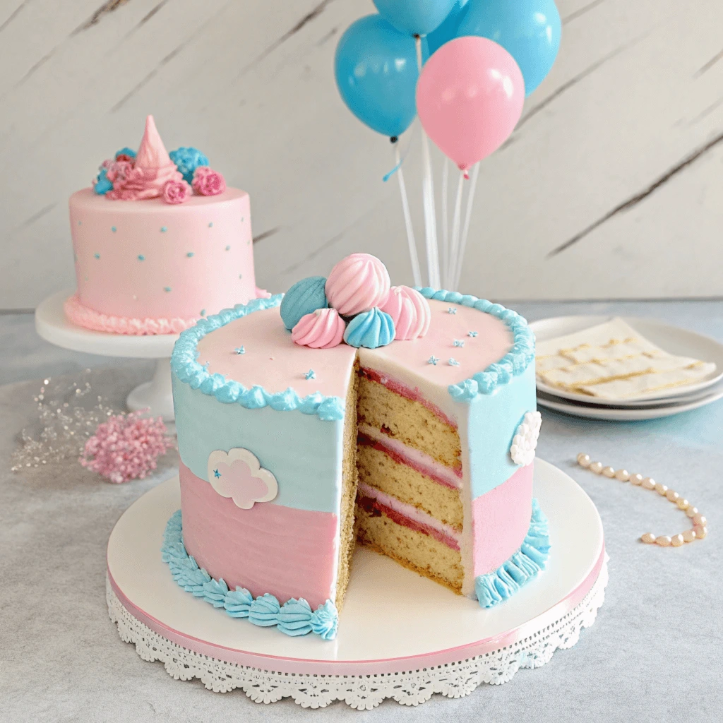 A beautifully decorated gender reveal cake with pink and blue frosting, topped with 'Boy or Girl?' and surrounded by festive decorations