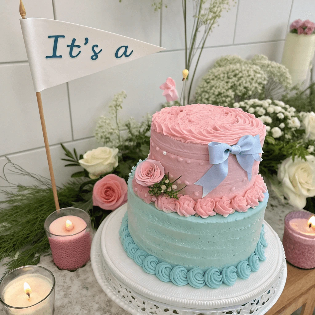 Beautiful gender reveal cake with pink and blue layers for a party celebratio