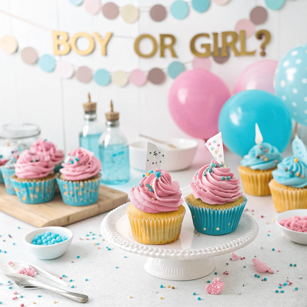 Gender reveal cupcakes with custom liners and vibrant frosting