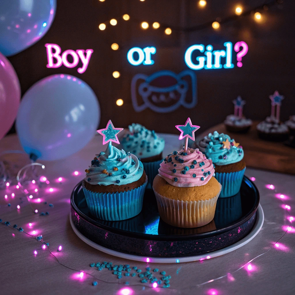 Glow-in-the-dark cupcakes with pink and blue toppers for a gender reveal.