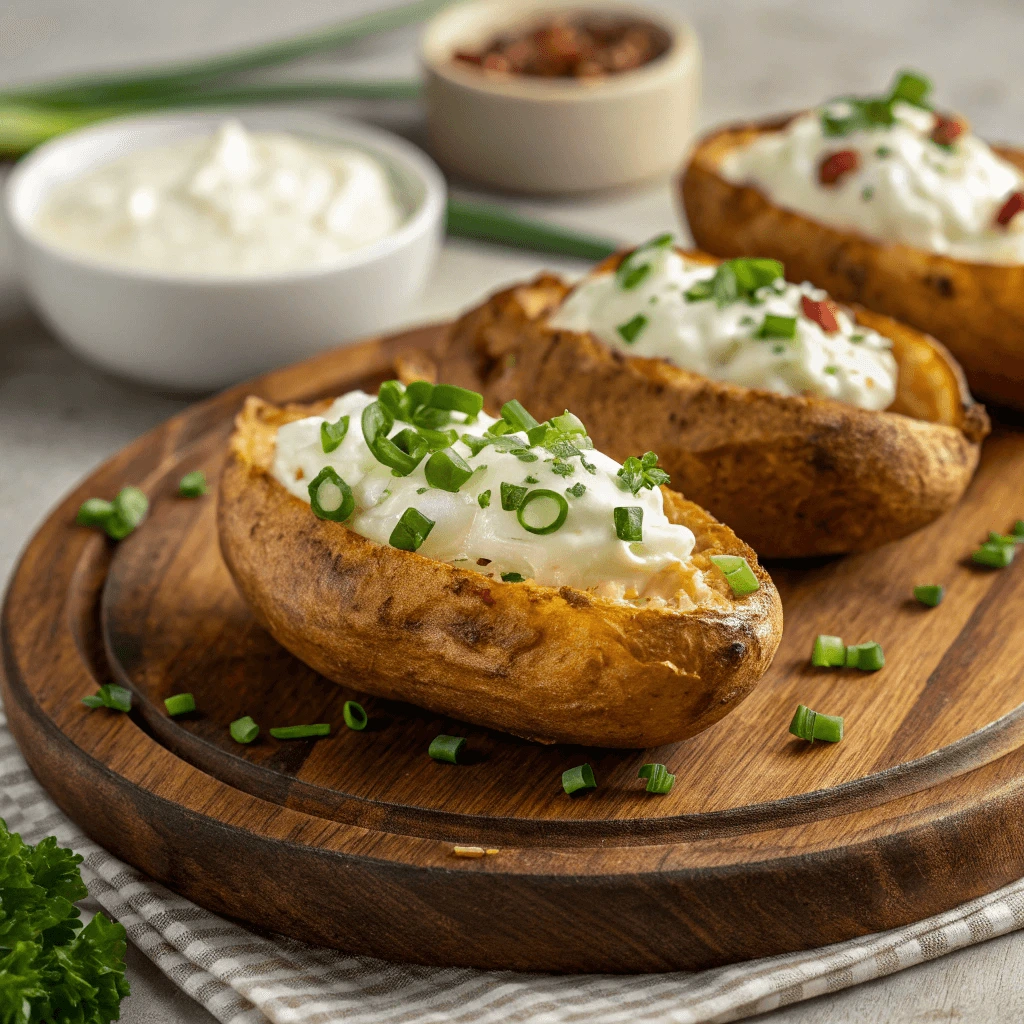 Golden brown air fryer baked potato skins stuffed with creamy cottage cheese and garnished with chives