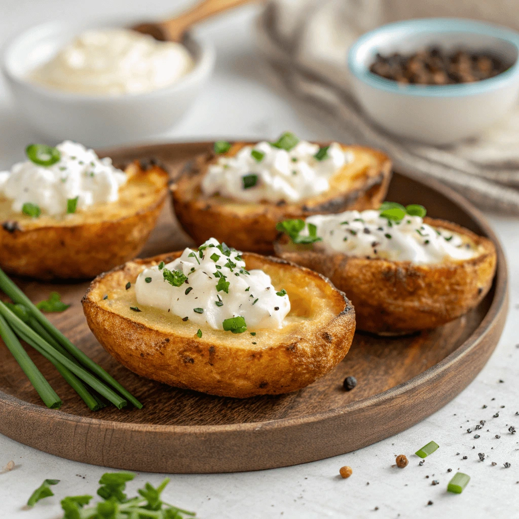 Crispy air fryer baked potato skins topped with cottage cheese and fresh chives.