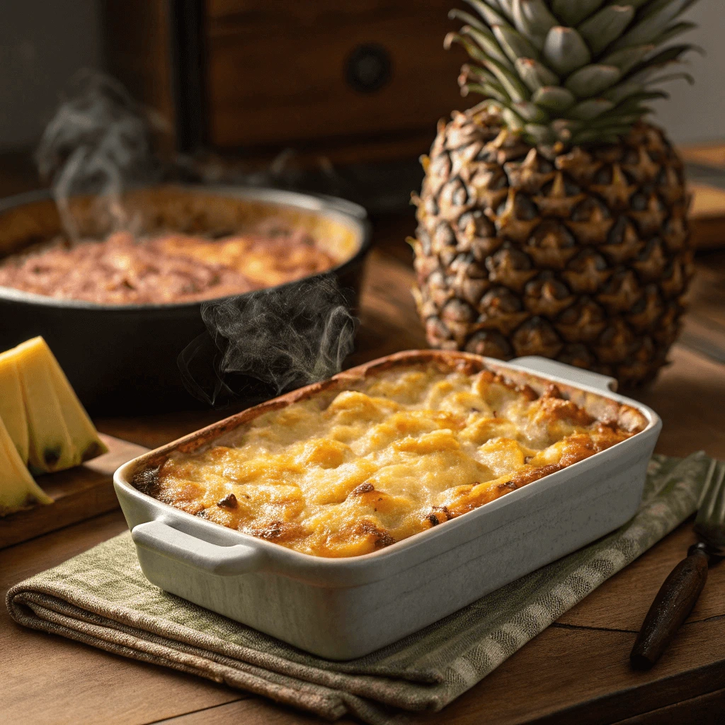 Golden-brown pineapple casserole fresh out of the oven